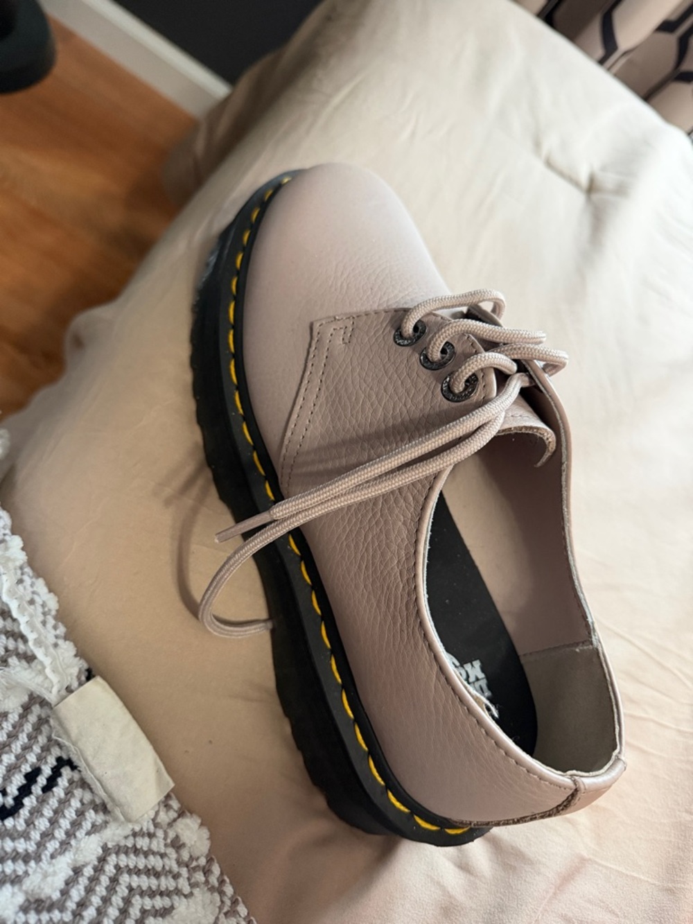 Dr. Martens Women's Lace-Up Platform Shoe in Taupe with Yellow Stitching
